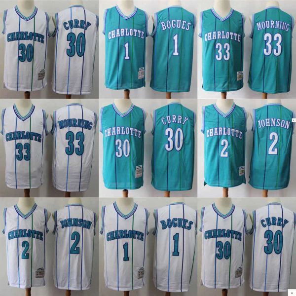 Personalizado Homens Mulheres Juventude Charlotte''Hornets''33 Alonzo Mourning 2 Larry Johnson 1 Muggsy Bogues 30 Dell Curry Basquete Shorts Basquete Jersey