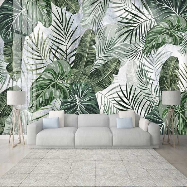 Papel de parede personalizado po 3d, mural de plantas tropicais, folhas, decoração de parede, pintura, quarto, sala de estar, plano de fundo de tv, fresco, cobertura de parede 237n