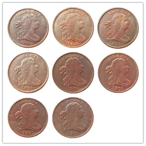 US Un set di 1800-1808 8 pezzi Busto drappeggiato Mezzo centesimo Copia artigianale in rame Decora ornamenti con monete Accessori per la decorazione della casa241T
