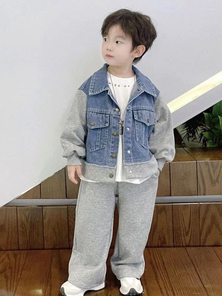 Set di abbigliamento Set di jeans autunnali per ragazzi per bambini Cappotto da ragazza alla moda 2024 Gruppi di pantaloni in due pezzi per bambini