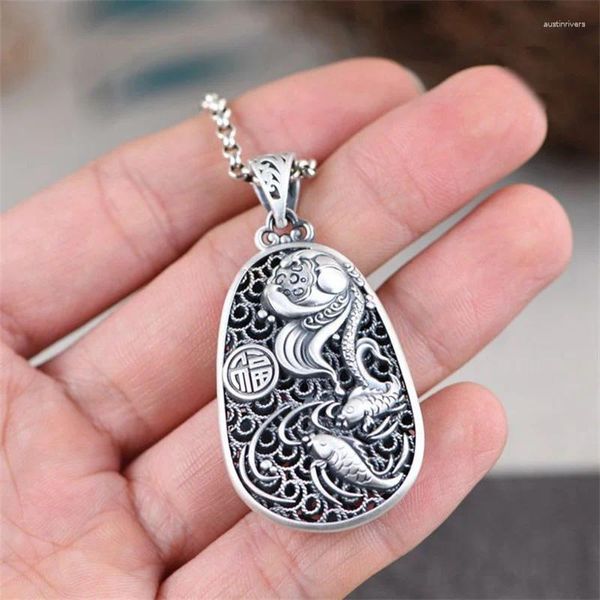 Anhänger Retro Pullover Kette 925 Silber Halskette Frauen Segen Zubehör Hohl Wasser Tröpfchen Karpfen Lotus Anhänger Dame Schmuck