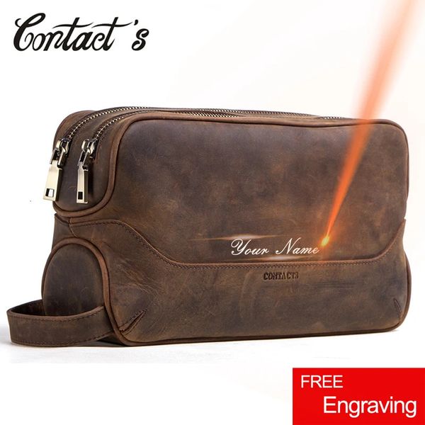 Contatos de couro genuíno saco cosmético masculino luxo grande capacidade maquiagem bolsa organizador viagem vintage sacos armazenamento 240227