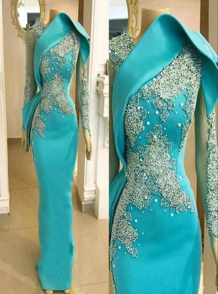 Frisado elegante céu azul sereia vestidos de noite 2020 formal manga longa vestidos de festa de baile abendkleider robes de soiree7917944