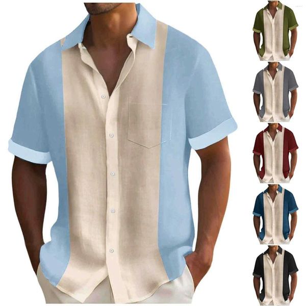 Homens camisetas Mens primavera e verão lapela cardigan botão contrastante costura fina camisa de manga curta smoking macacão homens