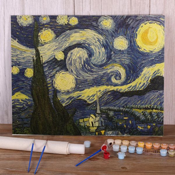Numero Paesaggio Famoso Vintage Van Gogh La Notte Stellata Dipingi con i Numeri Set Colori Acrilici 40*50 Pittura A Olio Nuovo Artigianato