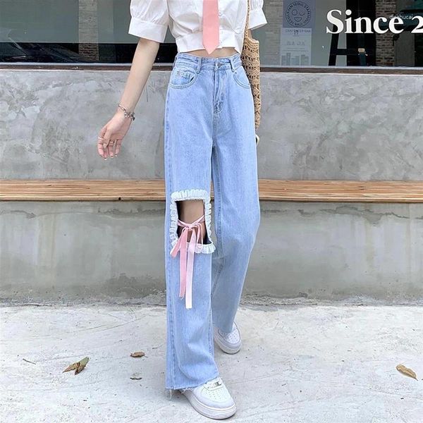 Jeans da donna Y2K donna strappato papillon coreano fasciatura pantaloni larghi a gamba larga moda estiva femminile pantaloni in denim per studenti tutti abbinati