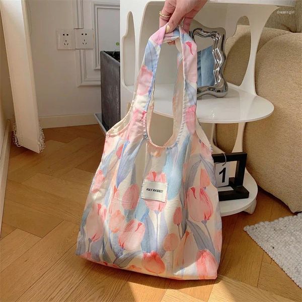 Sacos de noite mulheres lona bolsa de ombro bonito flor impressão compras eco algodão shopper pano tecido bolsa tote para meninas