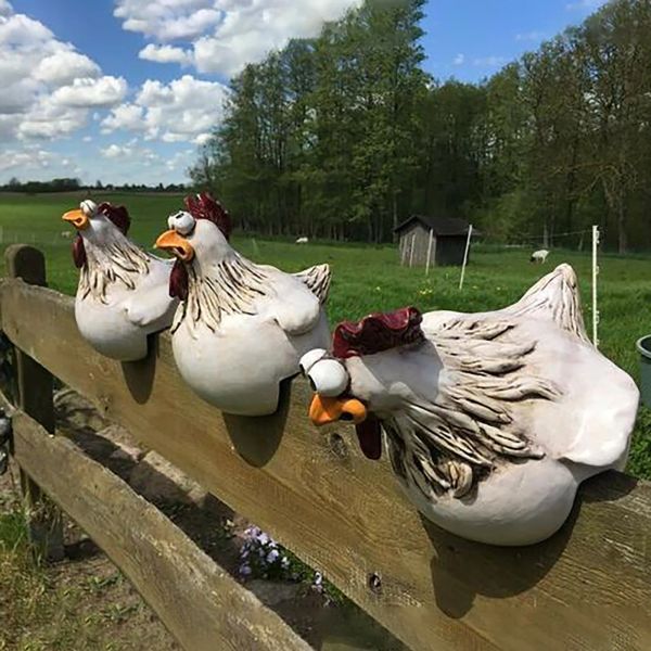 Skulpturen, Huhn, sitzend auf Zaun, Dekoration, Gartenstatuen für Zäune, Hahn, Wandkunst, Hofskulpturen, Bauernhof, Terrasse, Rasendekoration