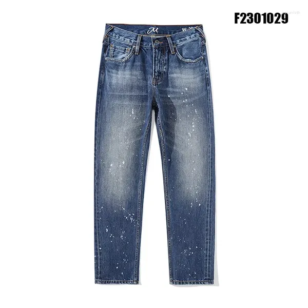 Herrenjeans Herrenhose Handgefertigte gesprenkelte Tinte Heavy Industry Washed Medium Blue Sommer japanische Mode für Männer