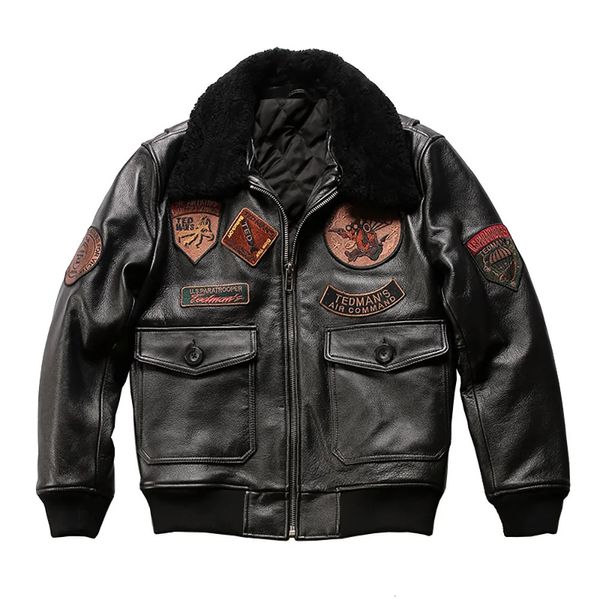 Winter Pilot Bomber Stickerei G1 Lamm Pelz Kragen Baumwolle Kleidung Herren Schwarz Echt Leder Jacke Rindsleder Mäntel 240309