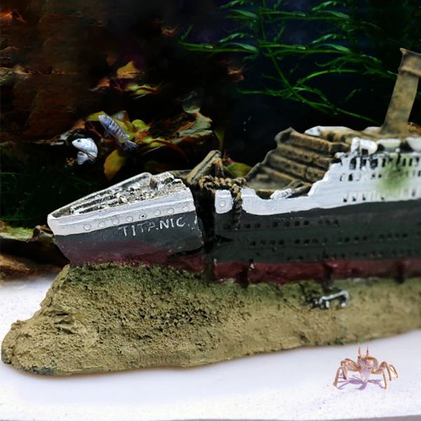 Decorações decorações do tanque de peixes titanic navio barco modelo aquário naufrágio barco afundado ar divisão naufrágio ornamento tanque de peixes caverna decoração