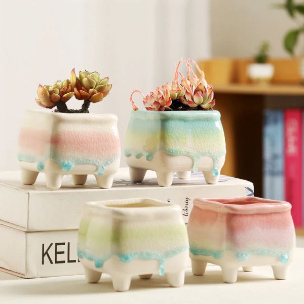 Fioriere in stile nordico Flow Glaze Vaso da fiori in ceramica Piante di cactus succulente Fioriera multicolore Decorazioni per il giardino di casa Piccolo vaso per piante succulente