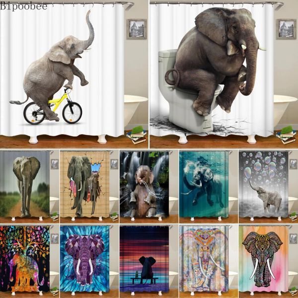 Tende Bipoobee Lovely Riding A Bike Elefante Tende da doccia in tessuto Set Divertenti elefanti da toilette Tenda da bagno con stampa 3D con 12 ganci
