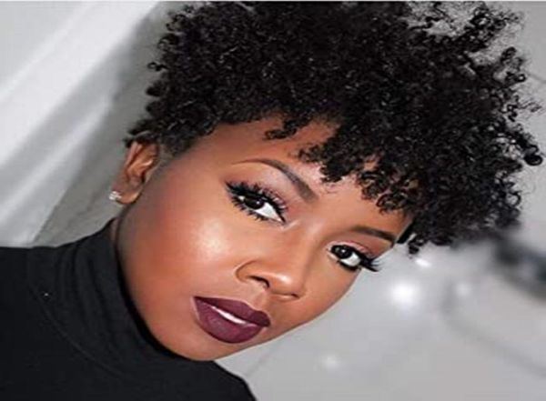 Kurze Afro-Perücke aus verworrenem, lockigem Echthaar, Pixie-Schnitt für schwarze Frauen, brasilianisches Jungfrau-Haar, keine Spitze, 150 Dichte, unverarbeitet, maschinell hergestellt. 5834975