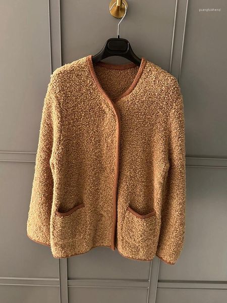 Damen-Cardigan aus Woll-Alpaka-Strick für Damen, hochwertige Fleece-Cardigans, einfarbig, warm, O-Ausschnitt, bedeckte Knöpfe, lockere Passform, weicher Pullover-Mantel