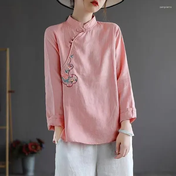Этническая одежда, традиционная китайская одежда для женщин, рубашка с длинным рукавом, хлопок и лен, женский топ Hanfu Qipao