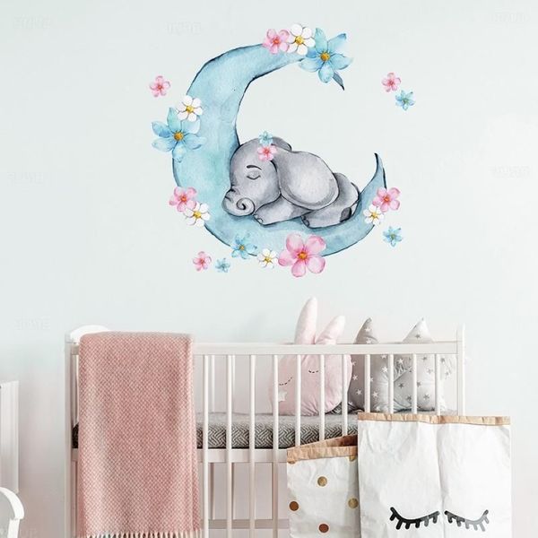 Aquarela dormindo bebê elefante na lua adesivos de parede com flores para quarto de crianças berçário do bebê decalques de parede pvc250d