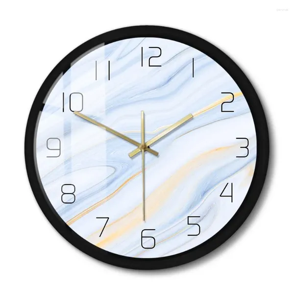Настенные часы Синие и белые мраморные часы с металлическим каркасом Бесшумные кварцевые часы Роскошная художественная текстура Современный домашний декор Абстрактная концепция часов
