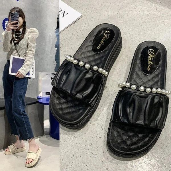 Hausschuhe Leder Slipper Dame 2024 Sommer Koreanische Version Strand Rutschen Frauen Perle Dicke Sohle Freizeit Sandale Flache Peep Toe Schuhe