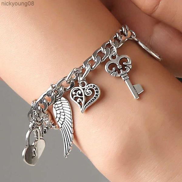 Armreif Vintage Silber Farbe DIY Elefant Herz Schloss Schlüssel Armreif Blume Stern Flügel Mode Anhänger Charme Armband für Männer frauenL2403