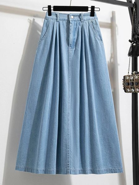 Осенняя джинсовая юбка больших размеров, женская джинсовая юбка с высокой эластичной резинкой на талии синего или небесно-голубого цвета, корейская мода, джинсовые юбки миди, 240313