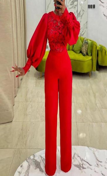 Ethnische Kleidung Eleganter afrikanischer Overall mit langen Laternenärmeln Rote Spitze Patchwork Strampler Plus Size Hochzeitsfeier für Frauen Outfits1194795