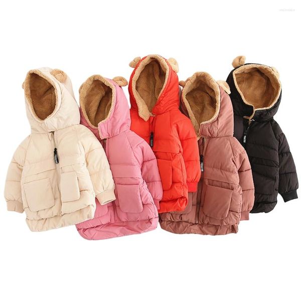 Daunenmantel für Babys, Winter, dick, warm, Steppjacke, Fleece, Kapuze, Puffer, mit Bärenohren, Ski-Outwear, Mädchen und Jungen, Taschen, Schneeanzug