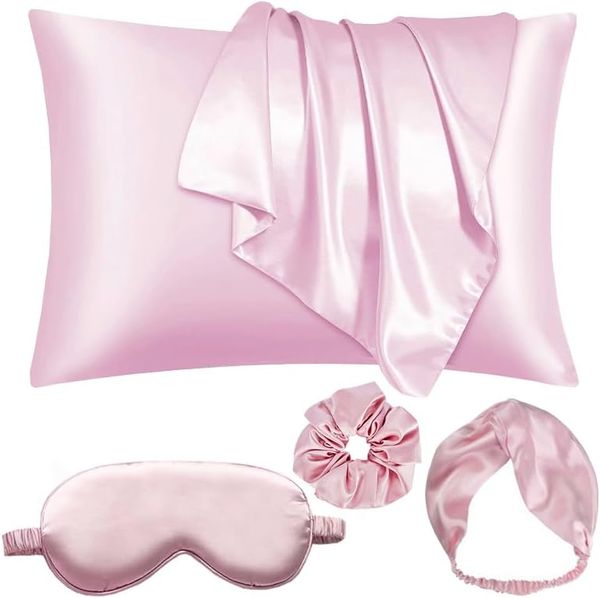 Fronha de seda de cetim com máscara para os olhos, conjunto de tiaras com fronha para dormir