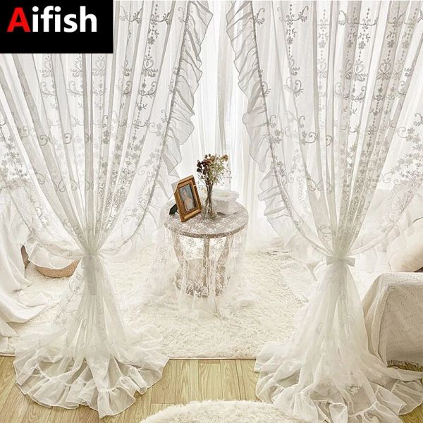 Cortinas de linho branco sheer bordado tule cortina para menina princesa quarto francês romântico babados laço voile janela decoração drape