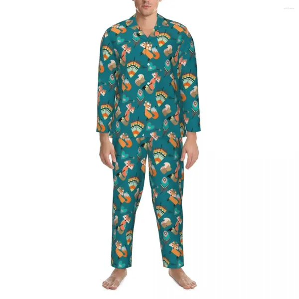 Masculino sleepwear teal tribal pijama homem retro animal impressão bonito quarto nightwear outono 2 peças casual solto design de tamanho grande casa terno