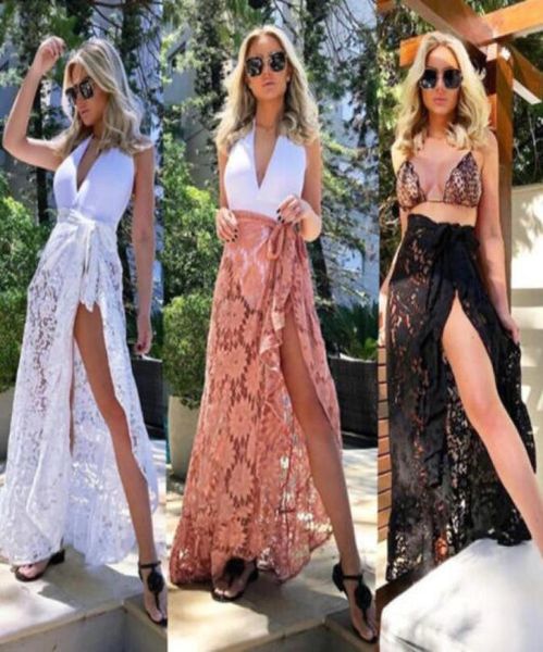 Frauen Bikini Cover Up Bademode Transparente Spitze Long Beach Maxi Wickelröcke Sarong Sommer Split Rock CoverUps Schwarz Weiß Rosa Y2007068429450