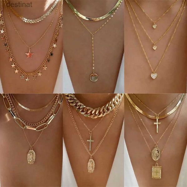 Colares de pingente bls moda cor de ouro em forma de coração colar para mulheres na moda multi-camada pingente colares conjunto jóias presentesl242313