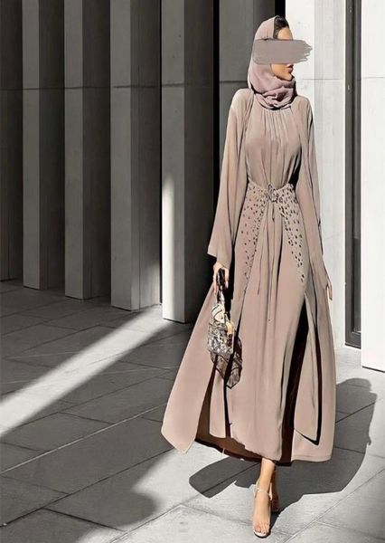 Ethnische Kleidung, handgefertigt, Perlen, 3-teiliges muslimisches Set, passendes Outfit, zerknitterter Krepp, offener Abaya-Kimono, langärmeliges Kleid, Wickelrock, D9342836