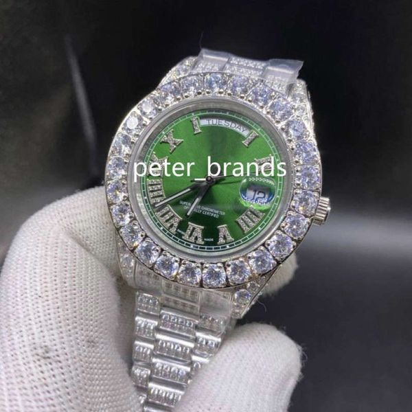 Relógio grande de diamante masculino 43mm, relógio de aço inoxidável prateado, rosto verde, pulseira de diamante completo, relógio mecânico automático fr2526