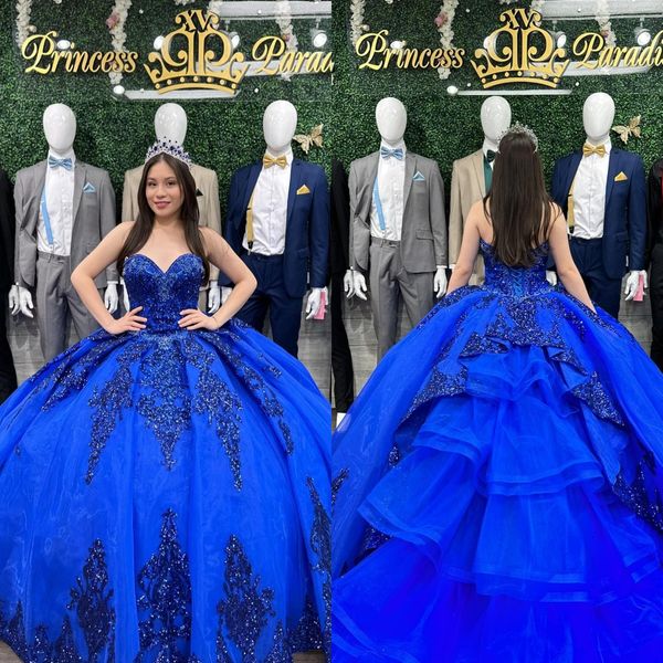 Royal blue principessa abiti quinceanera abito da ballo sweetheart paillettes appliques vestido de quinceanera tulle dolce 15 abito in maschera