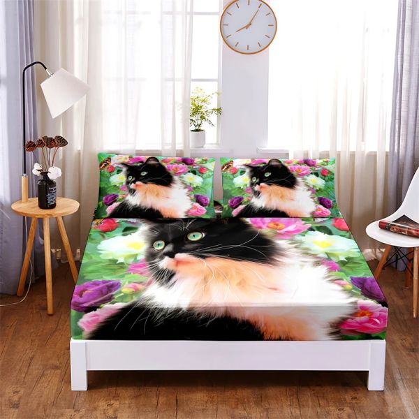 Conjuntos Bonito Gatinho Gato 3 pc Poliéster Sólido Lençol Capa de Colchão Quatro Cantos Com Elástico Folha de Cama (2 Fronhas)