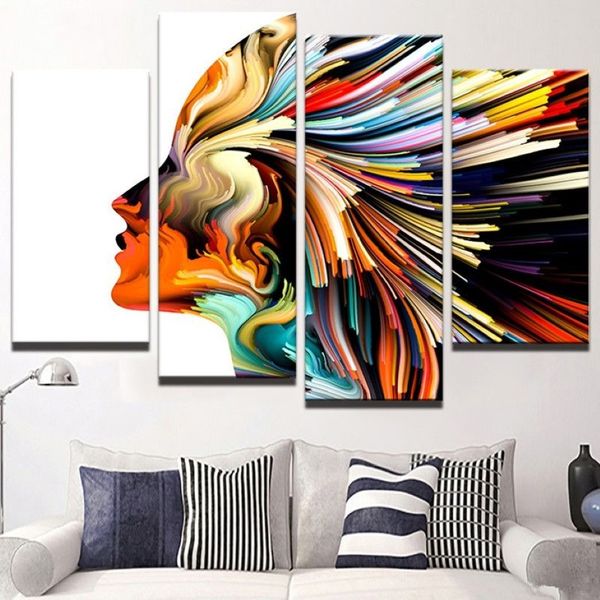 Abstrato colorido mulher cabelo sem moldura pintura moderna lona arte da parede decoração casa hd impresso fotos 4 painéis poster284p