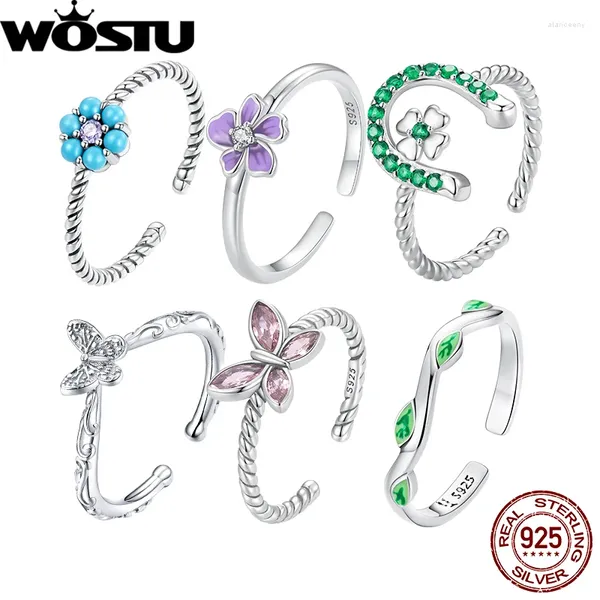 Anéis de Cluster Wostu Original 925 Sterling Silver Roxo Flor Abertura Anel Borboleta Folhas Acessório para Mulheres Ajustável Jóias Presente