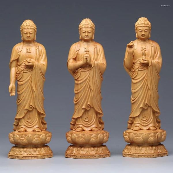 Estatuetas decorativas Sudeste Asiático Estátua de Buda de Madeira Maciça Decoração Sakyamuni Esculpida à Mão Casa Feng Shui