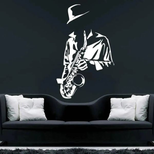 Наклейки на стену саксофон, наклейка на стену, спальня, джазовая музыка, настенные художественные наклейки, украшения для дома, съемные музыкальные фрески из ПВХ P1043