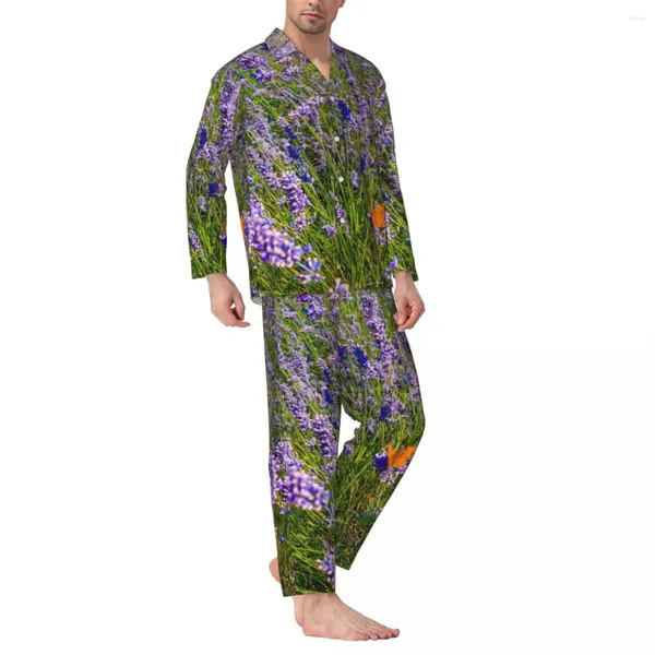 Homens sleepwear pijamas homens roxo lavanda diária nightwear campo natureza planta 2 peças retro pijama conjuntos macio oversize casa terno