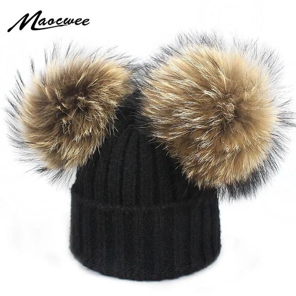 Kinder Und Frauen Winter Wolle Baumwolle Hüte Mädchen Echt Nerz Pelz Zwei Pompom Hut Kinder Jungen Caps Gorro Beanies Skullies baby 240227