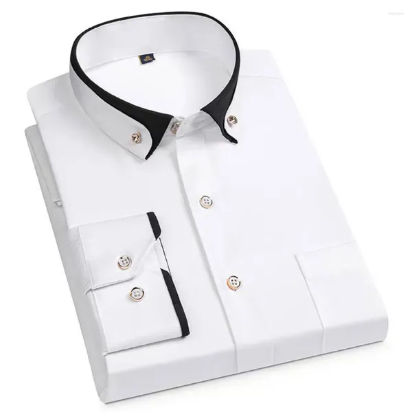 Мужские повседневные рубашки, формальная эластичная рубашка с длинным рукавом, деловая сорочка с двухслойным воротником, мужская негладильная рубашка на пуговицах