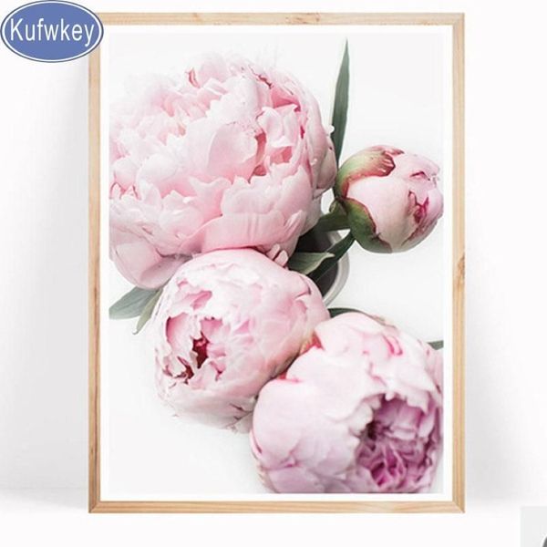 KUFWKEY Pittura diamante Quadrato Rotondo immagine peonie Pittura diamante Mosaico Strass Ricamo fiori rosa decorazione della parete312e