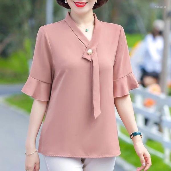 Kadınlar Bloomes 2024 Yaz Moda Trendi V yaka saplama Boncuk Tie Basit ve Gevşek Günlük İşe Gidiş Sold Renk Çok yönlü Fırfır Kılıf