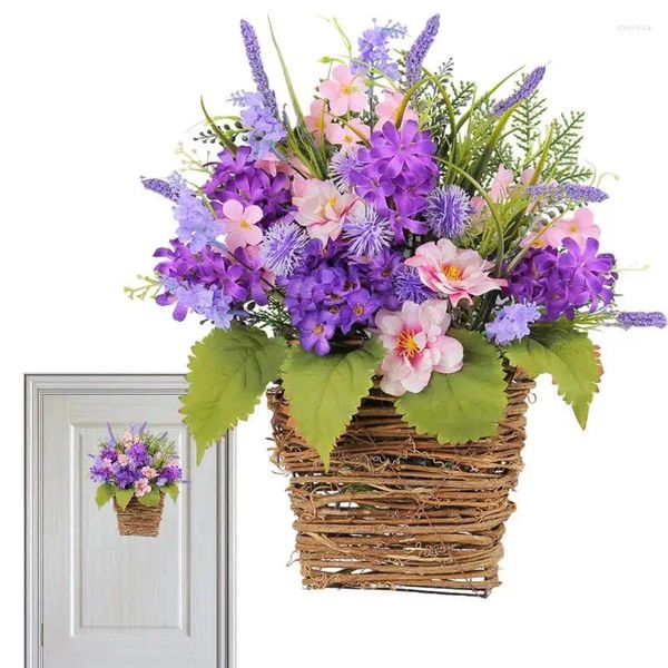 Flores decorativas cesta de flores de lavanda grinalda artificial primavera verão grinaldas para cestas de suspensão da porta da frente