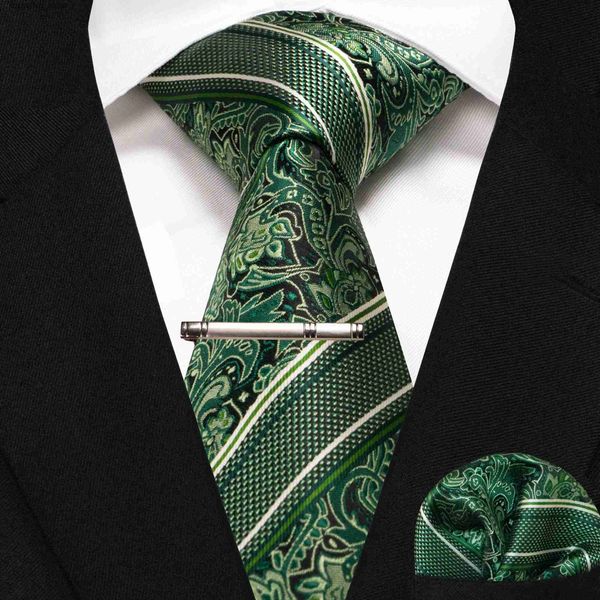 Boyun bağları yeşil siyah ekose şerit boyun kravat erkekler için moda ipek düğün kravat hanky cufflink set hediye erkek kravat iş partisi aksesuarları l240313