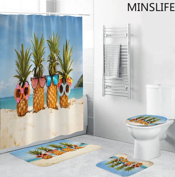 Perdeler Komik Ananas Gözlük İçinde Duş Duş Perdesi Plajı Banyo Perdeleri Slip Banyo Mat Kapağı Tuvalet Halı Set Ev Dekorasyon