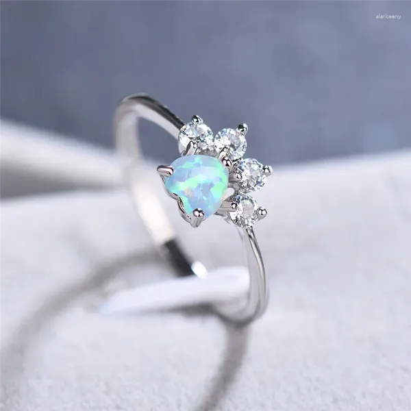 Cluster Ringe Vintage Hund Katze Pfote Klaue für Frauen Blau Weiß Feueropal Ring Kristall Zirkon Herz Verlobungsschmuck