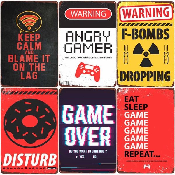 Aviso irritado gamer vintage estanho sinal de jogos repetir cartaz clube casa decoração do quarto comer sono jogo engraçado adesivos de parede placa n379 q216z